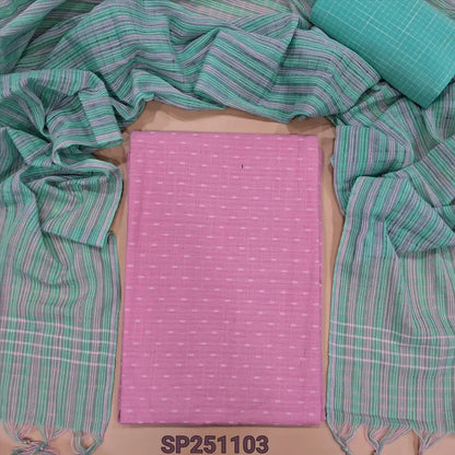 Pastel pink dobby cotton unstitched salwar material, thread woven design all over(thin, lining needed)sea green handloom cotton bottom, printed south handloom cotton dupatta. CODE SP251103