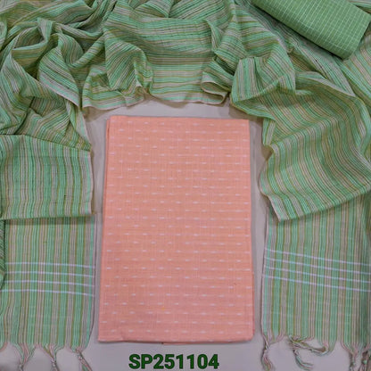 Pastel peach dobby cotton unstitched salwar material, thread woven design all over(thin, lining needed)pastel green handloom cotton bottom, printed south handloom cotton dupatta. CODE SP251104