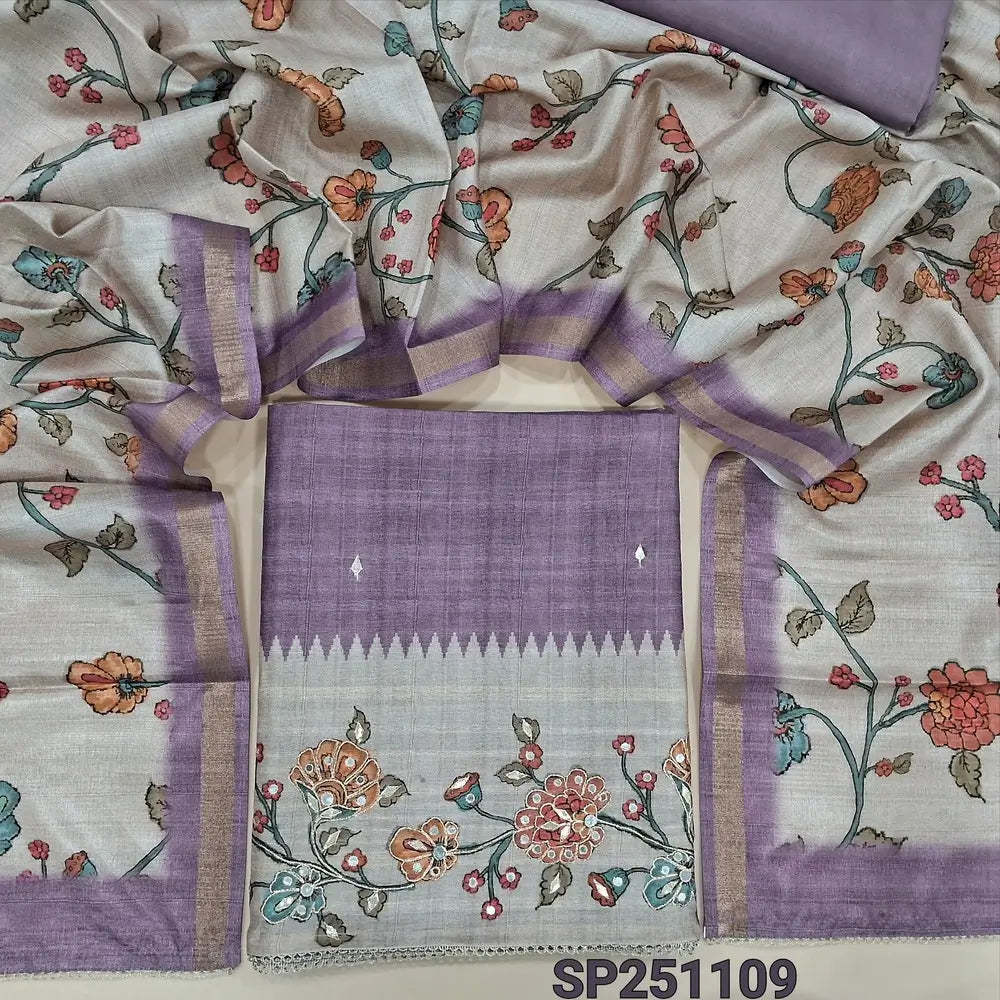 Mauve premium jute silk unstitched salwar material, zari& sequins work on daman(lining needed)matching santoon bottom, floral jute silk dupatta with thin gold tissue borders. CODE SP251109