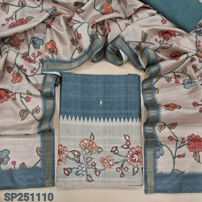 Dark bluish grey premium jute silk unstitched salwar material, zari& sequins work on daman(lining needed)matching santoon bottom, floral jute silk dupatta with thin gold tissue borders. CODE SP251110