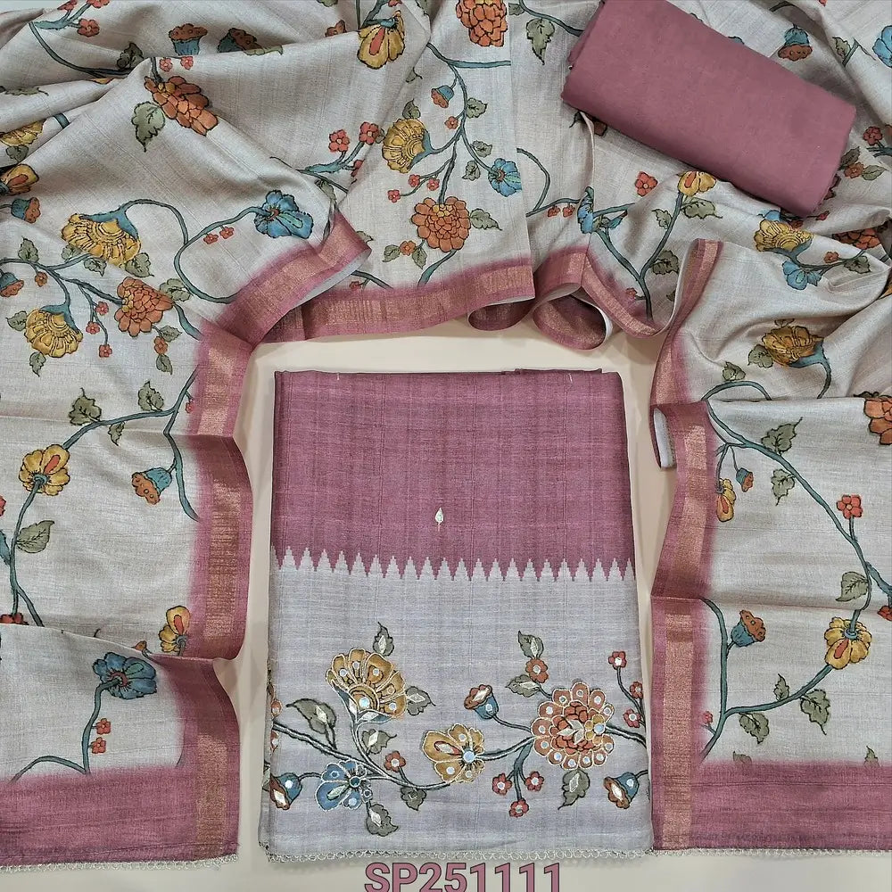 Onion pink premium jute silk unstitched salwar material, zari& sequins work on daman(lining needed)matching santoon bottom, floral jute silk dupatta with thin gold tissue borders. CODE SP251111