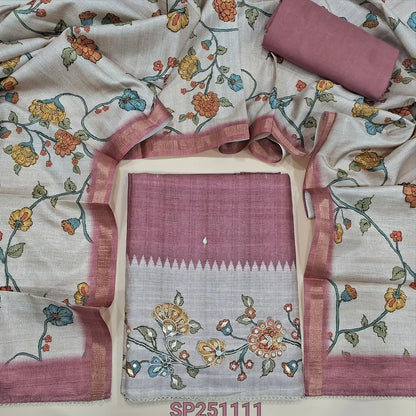 Onion pink premium jute silk unstitched salwar material, zari& sequins work on daman(lining needed)matching santoon bottom, floral jute silk dupatta with thin gold tissue borders. CODE SP251111