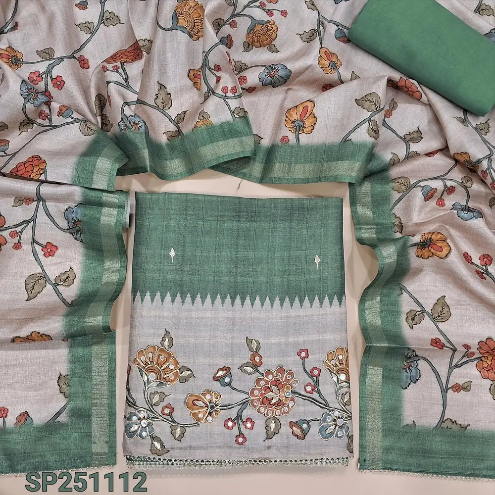 Sage green premium jute silk unstitched salwar material, zari& sequins work on daman(lining needed)matching santoon bottom, floral jute silk dupatta with thin gold tissue borders. CODE SP251112