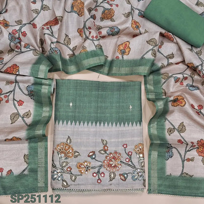 Sage green premium jute silk unstitched salwar material, zari& sequins work on daman(lining needed)matching santoon bottom, floral jute silk dupatta with thin gold tissue borders. CODE SP251112