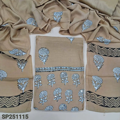 Dark beige hand block printed premium muslin silk unstitched salwar material, faux mirror work on yoke(lining needed)matching silky bottom, hand block printed premium muslin silk dupatta. CODE SP251115