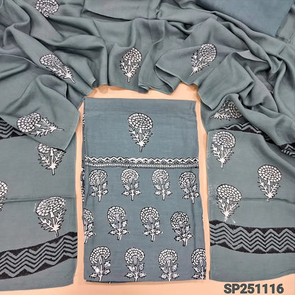 Grey hand block printed premium muslin silk unstitched salwar material, faux mirror work on yoke(lining needed)matching silky bottom, hand block printed premium muslin silk dupatta. CODE SP251116