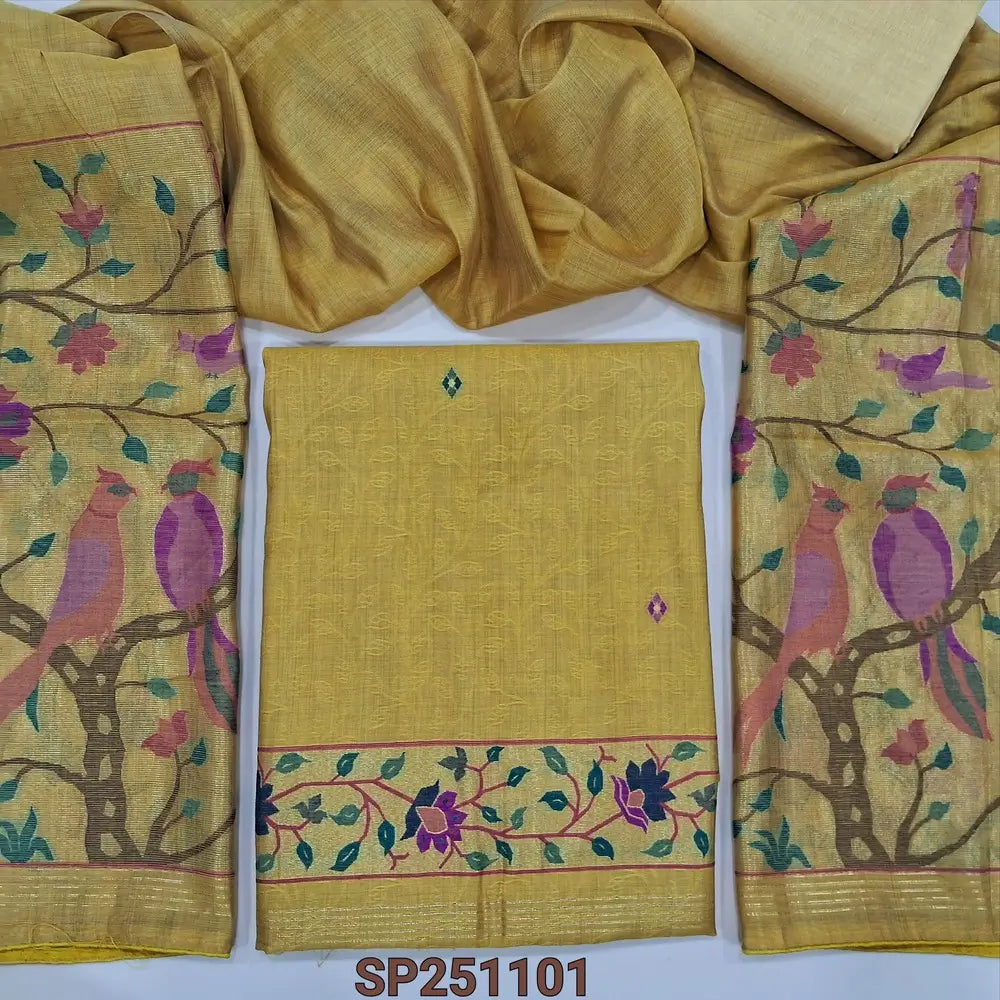 Light mehandhi yellow Pure jakard silk unstitched salwar material, jamdani weaving buttas on front, paithani weaving on daman(thin, lining needed)matching bottom, jakard silk dupatta with paithani weaving pallu. CODE SP251102