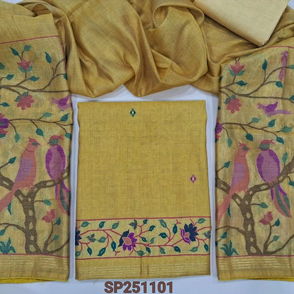 Light mehandhi yellow Pure jakard silk unstitched salwar material, jamdani weaving buttas on front, paithani weaving on daman(thin, lining needed)matching bottom, jakard silk dupatta with paithani weaving pallu. CODE SP251102