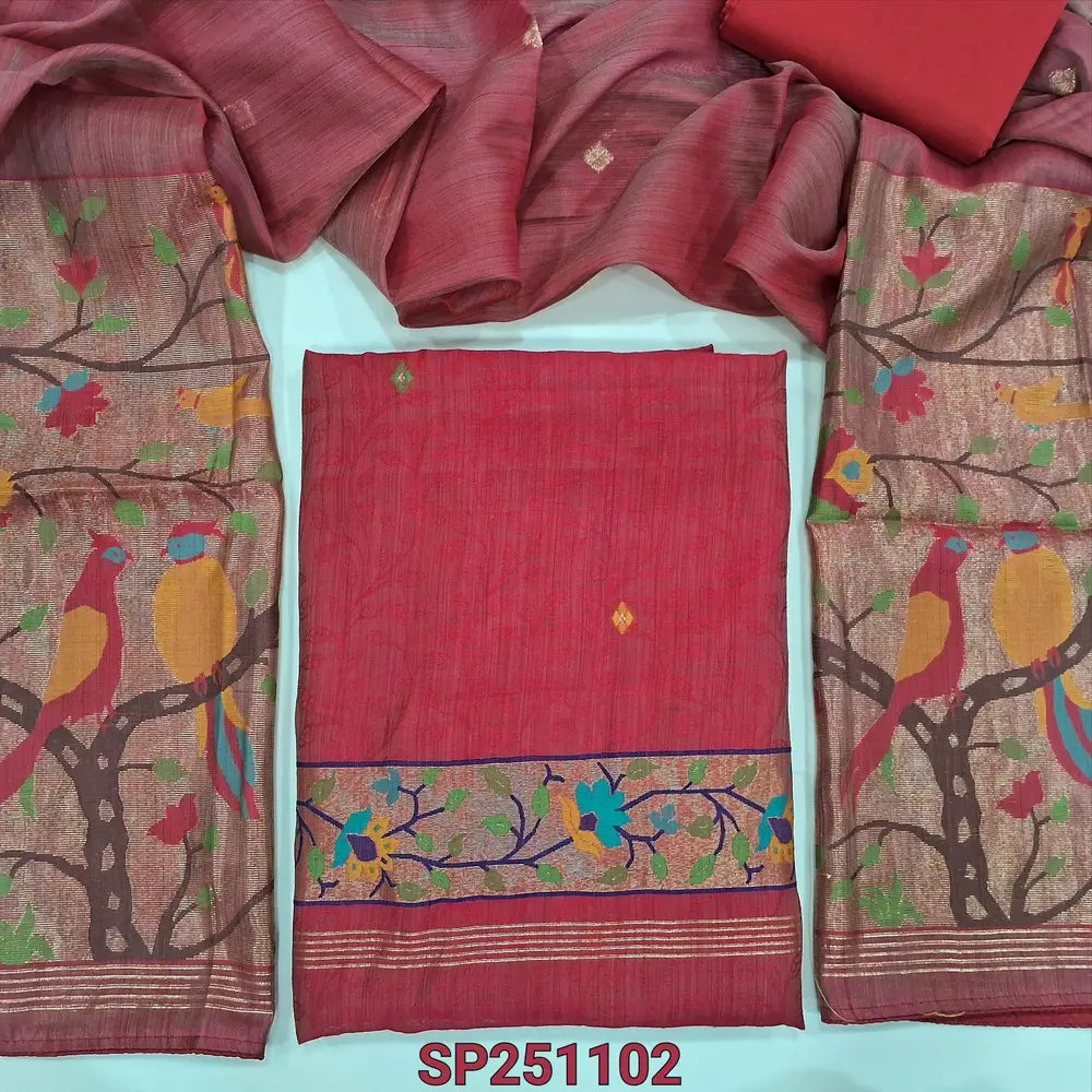 Reddish maroon Pure jakard silk unstitched salwar material, jamdani weaving buttas on  front, paithani weaving on daman(thin, lining needed)matching bottom, jakard silk dupatta with paithani weaving pallu. CODE SP251101