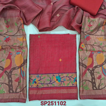 Reddish maroon Pure jakard silk unstitched salwar material, jamdani weaving buttas on  front, paithani weaving on daman(thin, lining needed)matching bottom, jakard silk dupatta with paithani weaving pallu. CODE SP251101