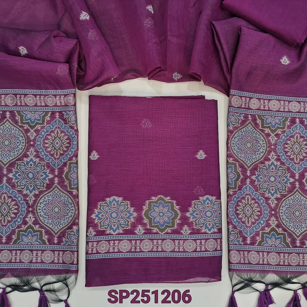Rani Pink designer premium jamdani woven silk cotton unstitched salwar material,ajrakh weaving on daman,tiny buttas on front(thin, lining needed) silk cotton bottom,silk cotton dupatta ajrakh weaving on pallu. SP251201