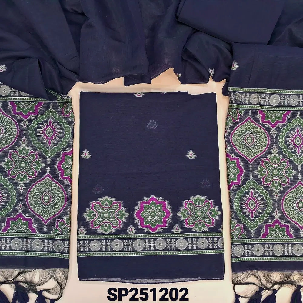 Navy Blue designer premium jamdani woven silk cotton unstitched salwar material,ajrakh weaving on daman,tiny buttas on front(thin, lining needed) silk cotton bottom,silk cotton dupatta ajrakh weaving on pallu. SP251202