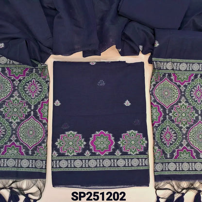 Navy Blue designer premium jamdani woven silk cotton unstitched salwar material,ajrakh weaving on daman,tiny buttas on front(thin, lining needed) silk cotton bottom,silk cotton dupatta ajrakh weaving on pallu. SP251202