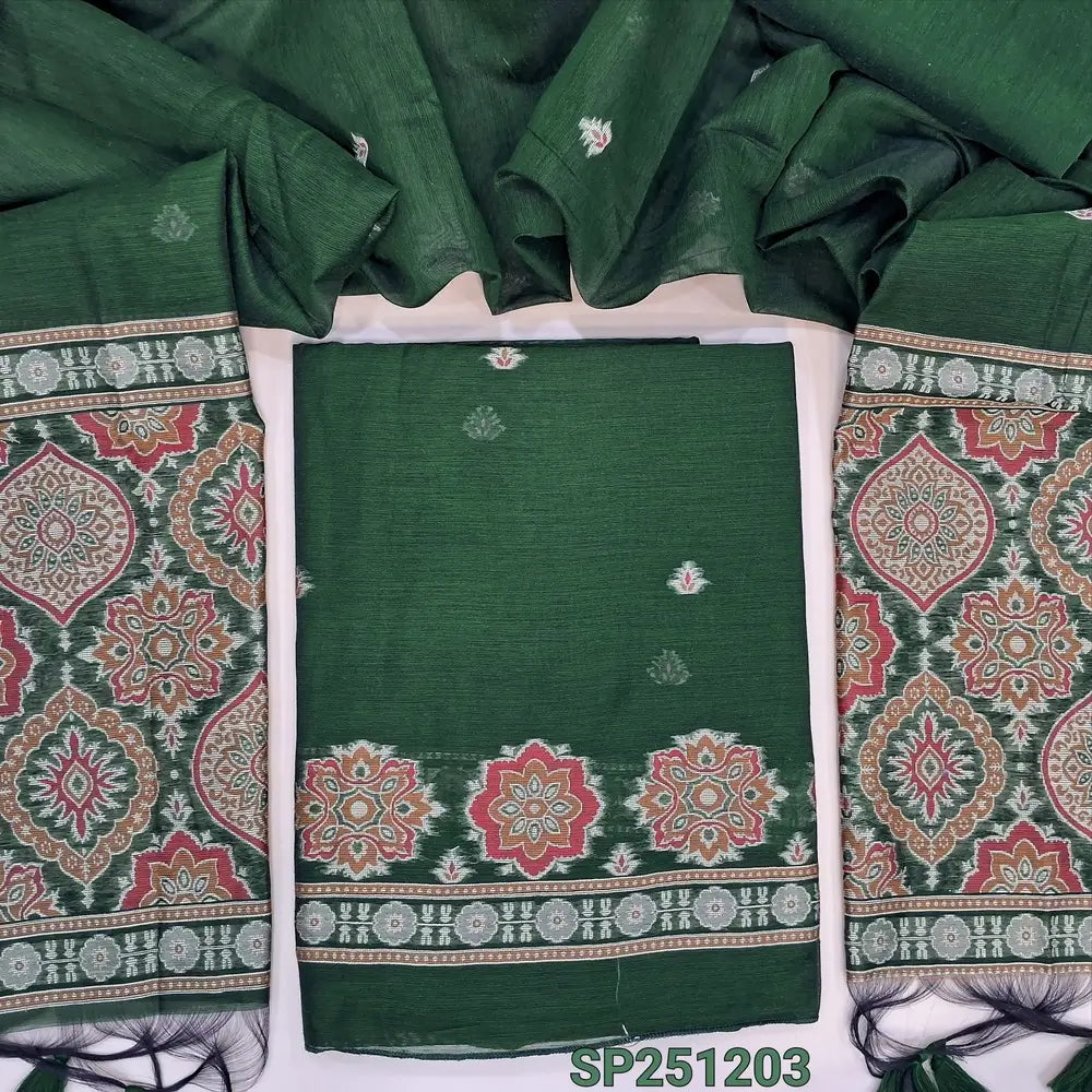 Bottle Green designer premium jamdani woven silk cotton unstitched salwar material,ajrakh weaving on daman,tiny buttas on front(thin, lining needed) silk cotton bottom,silk cotton dupatta ajrakh weaving pallu. SP251203