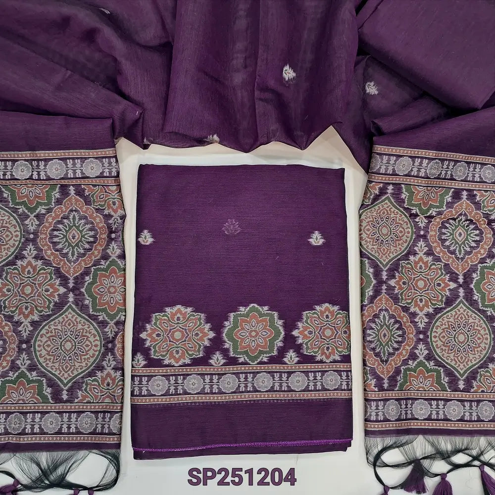 Dark Purple designer premium jamdani woven silk cotton unstitched salwar material,ajrakh weaving on daman,tiny buttas on front(thin, lining needed) silk cotton bottom,silk cotton dupatta ajrakh weaving pallu. SP251204