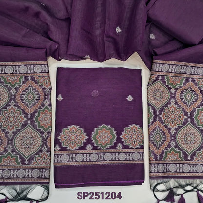 Dark Purple designer premium jamdani woven silk cotton unstitched salwar material,ajrakh weaving on daman,tiny buttas on front(thin, lining needed) silk cotton bottom,silk cotton dupatta ajrakh weaving pallu. SP251204