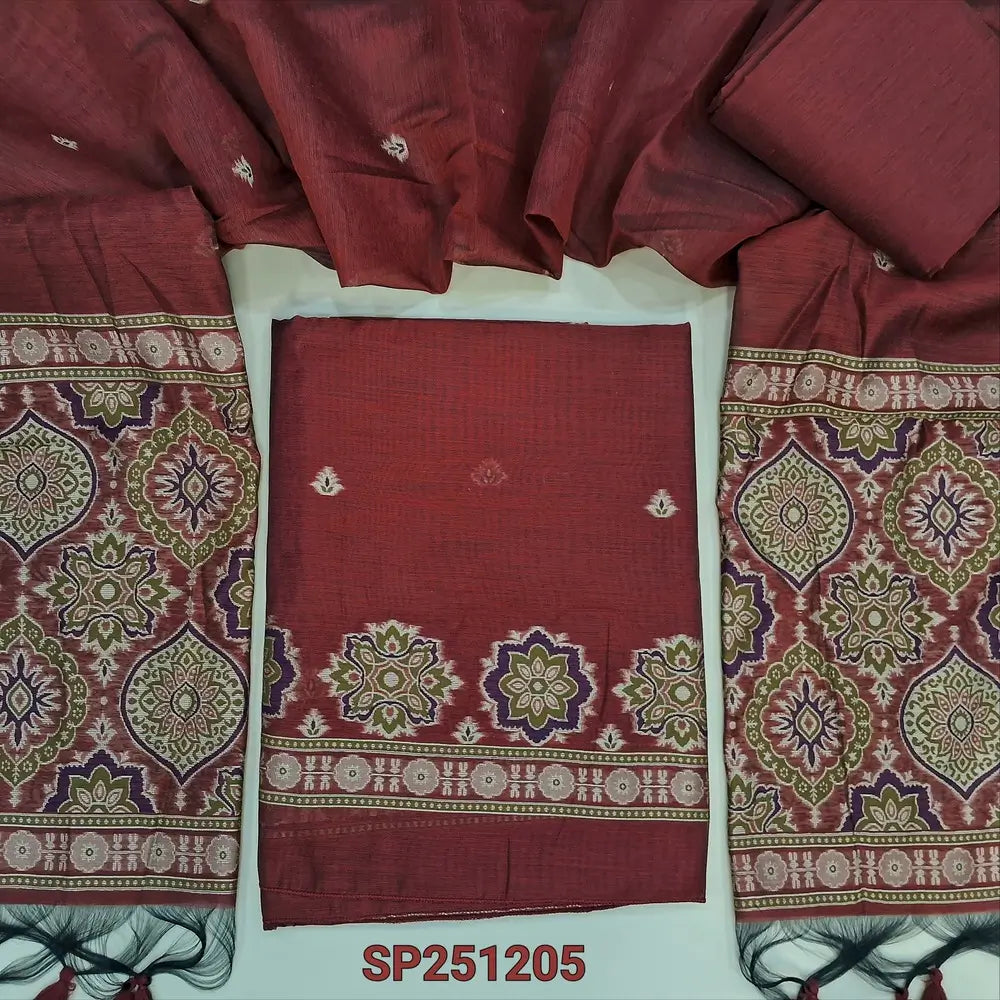 Reddish Maroon designer premium jamdani woven silk cotton unstitched salwar material,ajrakh weaving on daman,tiny buttas on front(thin, lining needed) silk cotton bottom,silk cotton dupatta ajrakh weaving pallu. SP251205