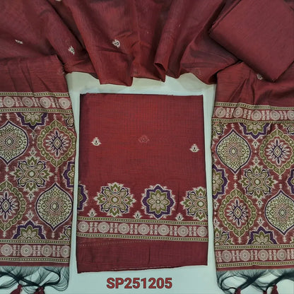 Reddish Maroon designer premium jamdani woven silk cotton unstitched salwar material,ajrakh weaving on daman,tiny buttas on front(thin, lining needed) silk cotton bottom,silk cotton dupatta ajrakh weaving pallu. SP251205
