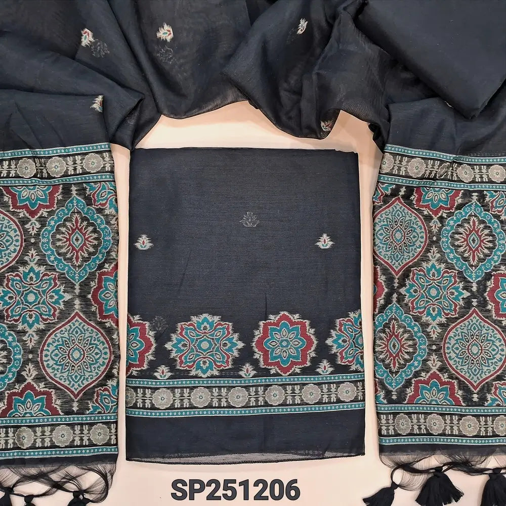 Black designer premium jamdani woven silk cotton unstitched salwar material,ajrakh weaving on daman,tiny buttas on front(thin, lining needed) silk cotton bottom,silk cotton dupatta ajrakh weaving pallu. SP251206