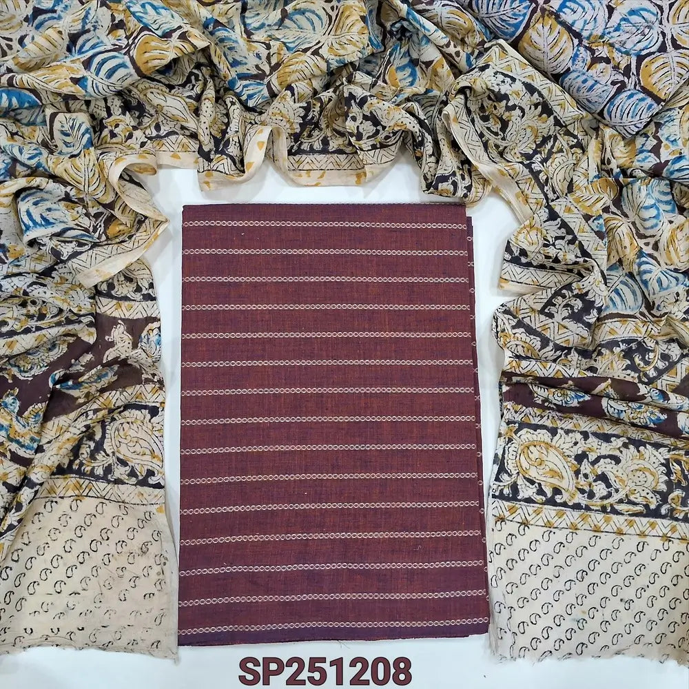 Dark Maroon South Handloom Cotton unstitched salwar material,embroidery all over the top (lining Optional), hand block printed kalamkari pure cotton bottom, mul cotton dupatta (TAPINGS NEEDED). SP251208