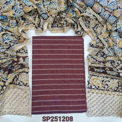 Dark Maroon South Handloom Cotton unstitched salwar material,embroidery all over the top (lining Optional), hand block printed kalamkari pure cotton bottom, mul cotton dupatta (TAPINGS NEEDED). SP251208