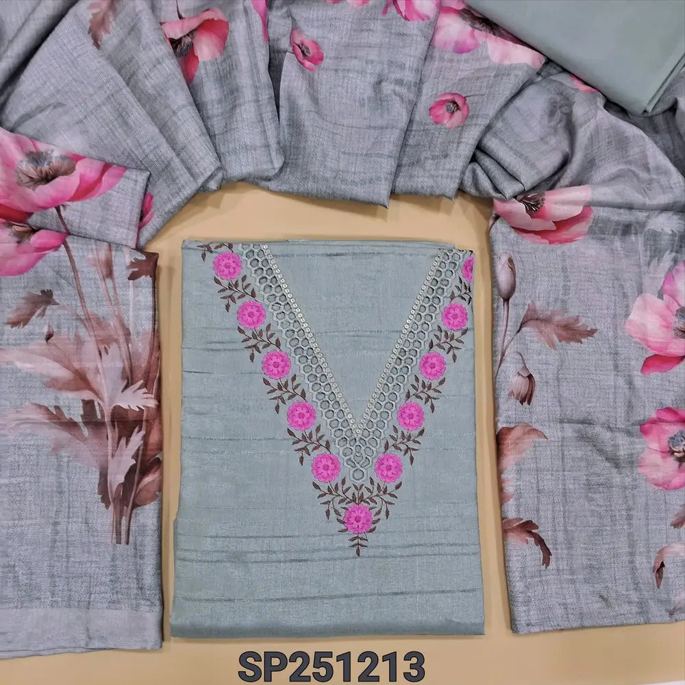 Light Blueish Grey semi tussar unstitched salwar material, V neck with embroidery(Textured,lining needed),matching silky bottom, digital printed fancy soft silk cotton dupatta. SP251213