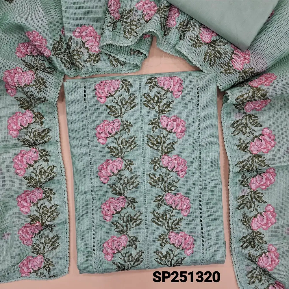 Light blueish grey fancy kota silk cotton unstitched salwar material, cutwork and embroidery on yoke (Thin, Lining Needed), silky bottom, embroidered dupatta with lace tapings. SP251320