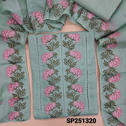Light blueish grey fancy kota silk cotton unstitched salwar material, cutwork and embroidery on yoke (Thin, Lining Needed), silky bottom, embroidered dupatta with lace tapings. SP251320