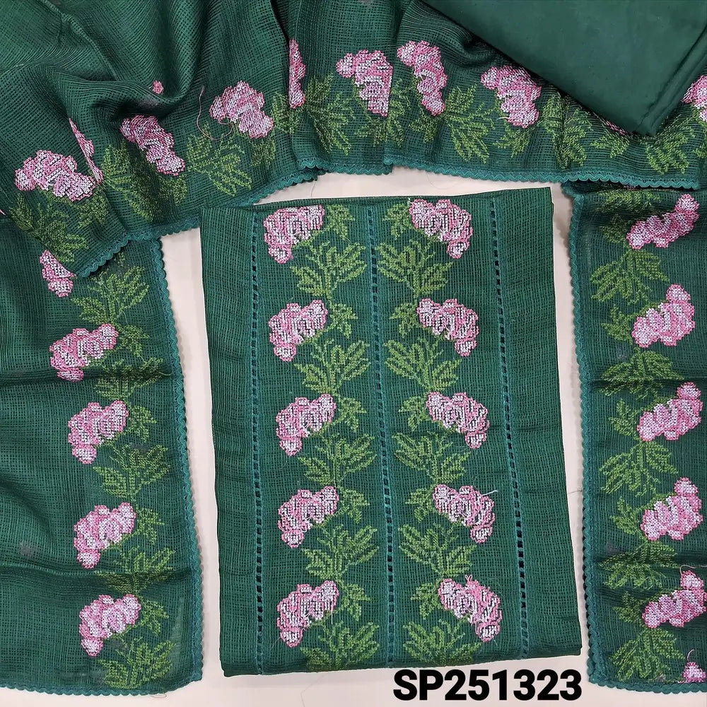 Dark Green fancy kota silk cotton unstitched salwar material, cutwork and embroidery on yoke (Thin, Lining Needed), silky bottom, embroidered dupatta with lace tapings. SP251323