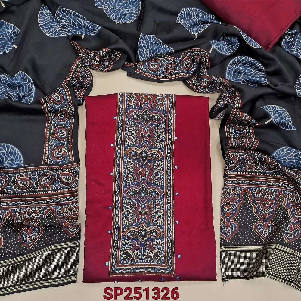 Reddish Maroon modal unstitched salwar material, colorful yoke patch with bead and faux mirror (Soft, smooth, lining optional), Matching bottom, Maslin silk short width printed dupatta. SP251326