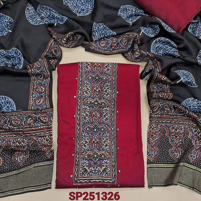 Reddish Maroon modal unstitched salwar material, colorful yoke patch with bead and faux mirror (Soft, smooth, lining optional), Matching bottom, Maslin silk short width printed dupatta. SP251326