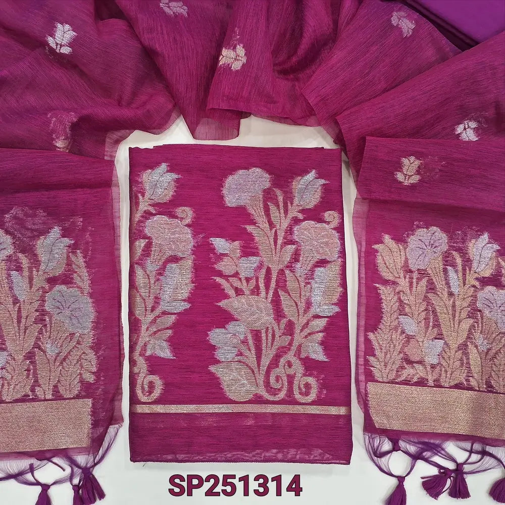 Bright Pink jamdani woven premium tussar silk unstitched salwar material, (Thin, textured, lining needed) gold and silver zari weaving on daman, silk cotton bottom, full length jamdani woven tussar silk dupatta. SP251314