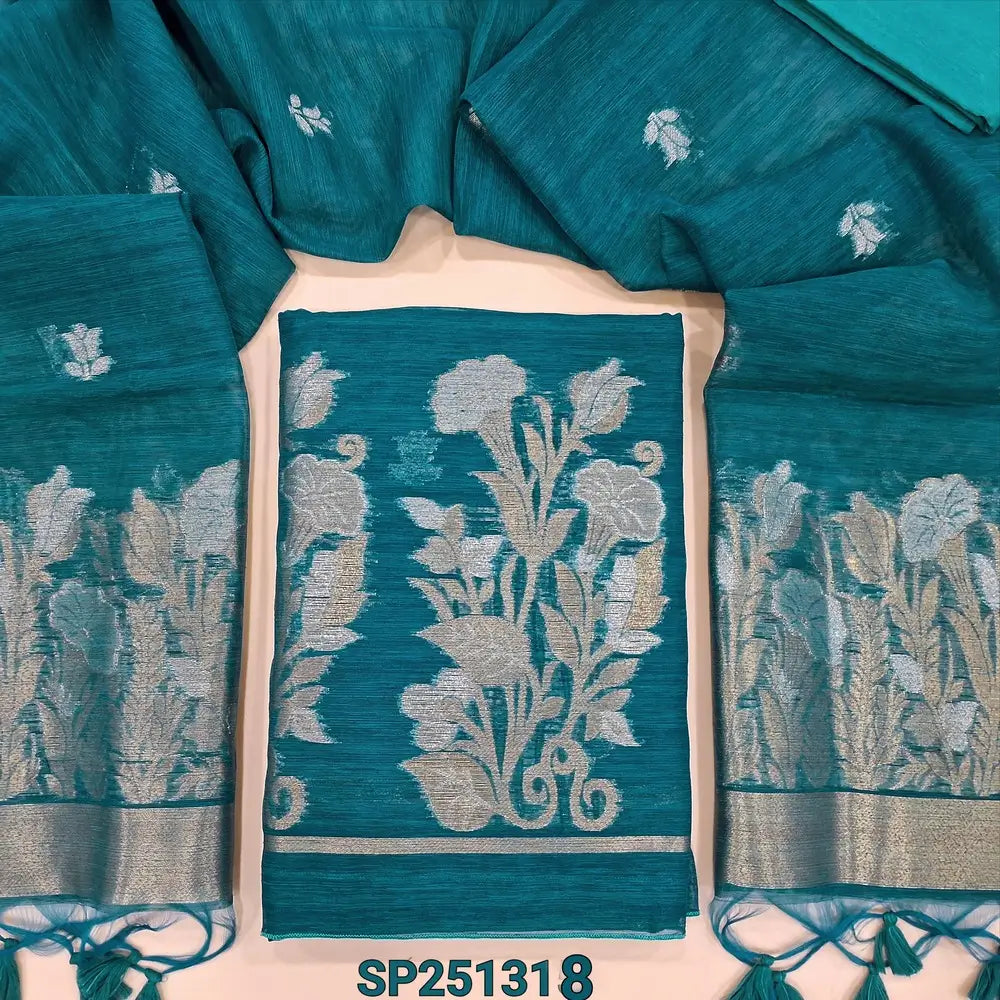 Turquoise Blue  jamdani woven premium tussar silk unstitched salwar material, (Thin, textured, lining needed) gold and silver zari weaving on daman, silk cotton bottom, full length jamdani woven tussar silk dupatta. SP251318