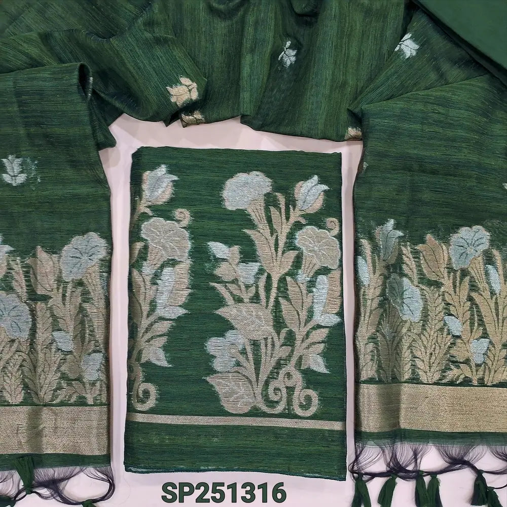 Bottle Green  jamdani woven premium tussar silk unstitched salwar material, (Thin, textured, lining needed) gold and silver zari weaving on daman, silk cotton bottom, full length jamdani woven tussar silk dupatta. SP251316