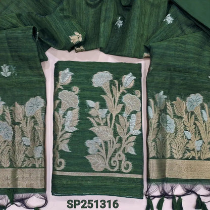 Bottle Green  jamdani woven premium tussar silk unstitched salwar material, (Thin, textured, lining needed) gold and silver zari weaving on daman, silk cotton bottom, full length jamdani woven tussar silk dupatta. SP251316