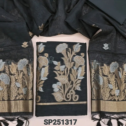 Black  jamdani woven premium tussar silk unstitched salwar material, (Thin, textured, lining needed) gold and silver zari weaving on daman, silk cotton bottom, full length jamdani woven tussar silk dupatta. SP251317