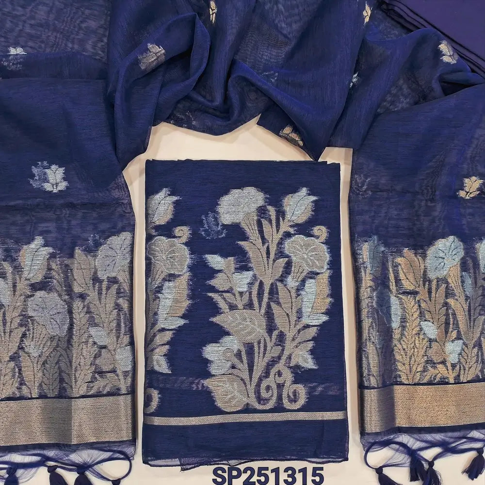 Dark Blue  jamdani woven premium tussar silk unstitched salwar material, (Thin, textured, lining needed) gold and silver zari weaving on daman, silk cotton bottom, full length jamdani woven tussar silk dupatta. SP251315