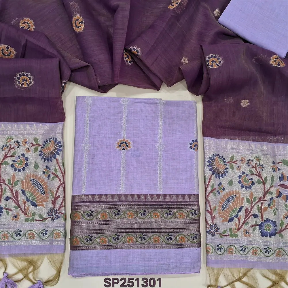 Lavender Premium silk cotton jamdani woven unstitched salwar material, paithani weaving on top and daman (thin, lining needed), silk cotton bottom, dark purple full length dupatta with jamdani and paithani weaving. SP251301