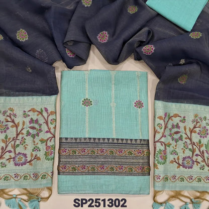 Pastel Blue Premium silk cotton jamdani woven unstitched salwar material, paithani weaving on top and daman (thin, lining needed), silk cotton bottom, dark blue full length dupatta with jamdani and paithani weaving. SP251302
