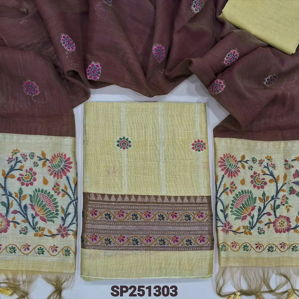 Pastel Yellow Premium silk cotton jamdani woven unstitched salwar material, paithani weaving on top and daman (thin, lining needed), silk cotton bottom, dark brown contrast full length dupatta with jamdani and paithani weaving. SP251303
