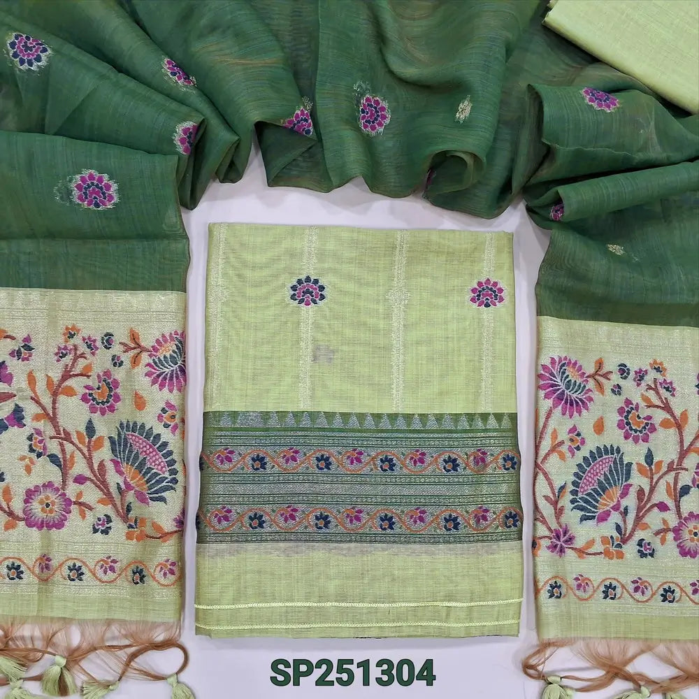 Pastel Green Premium silk cotton jamdani woven unstitched salwar material, paithani weaving on top and daman (thin, lining needed), silk cotton bottom, dark green full length dupatta with jamdani and paithani weaving. SP251304