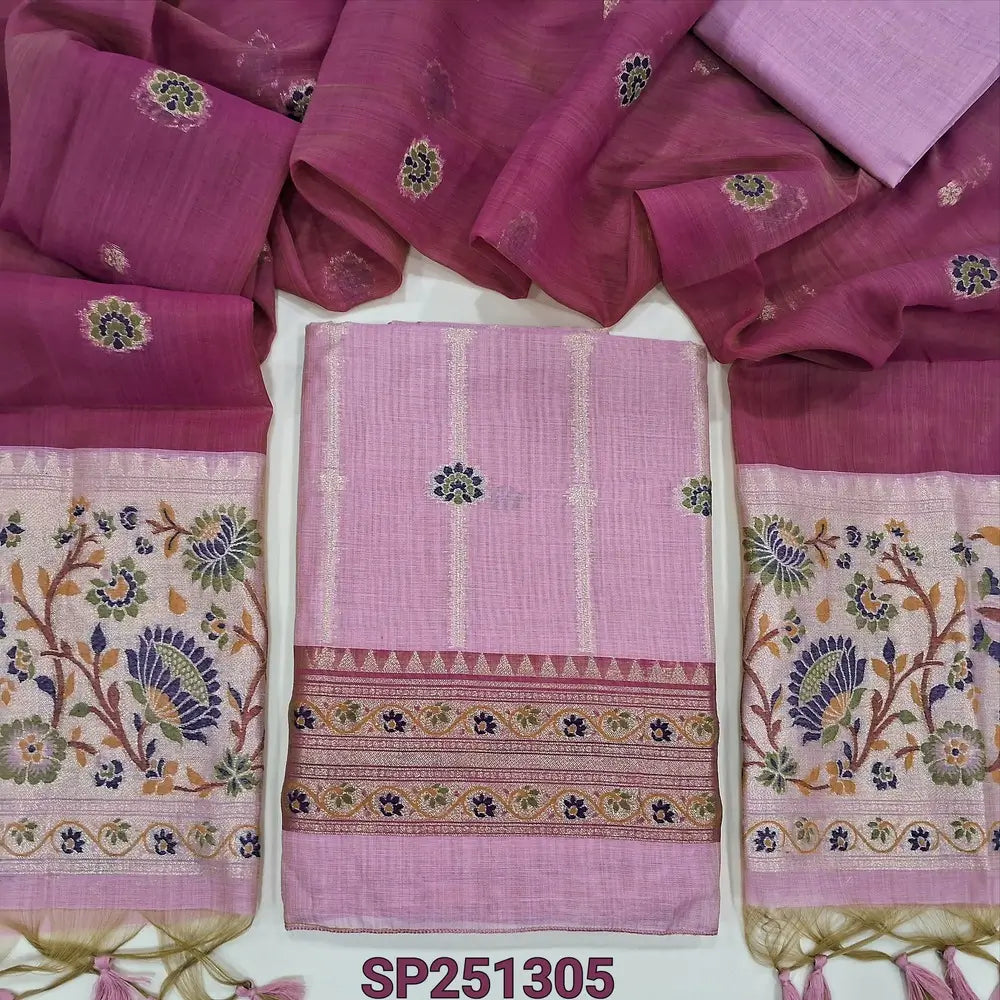 Pastel Pink Premium silk cotton jamdani woven unstitched salwar material, paithani weaving on top and daman (thin, lining needed), silk cotton bottom, dark pink full length dupatta with jamdani and paithani weaving. SP251305