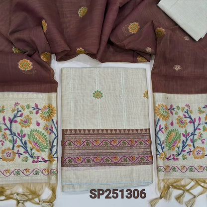 Rich Beige Premium silk cotton jamdani woven unstitched salwar material, paithani weaving on top and daman (thin, lining needed), silk cotton bottom, dark brown full length dupatta with jamdani and paithani weaving. SP251306