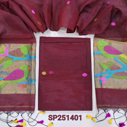 Dark Maroon muslin jamdani unstitched salwar material, hand woven design all over(thin, lining needed)NO BOTTOM,hand woven muslin jamdani full length dupatta with rich paithani weaving pallu& hand made tassels. SP251401