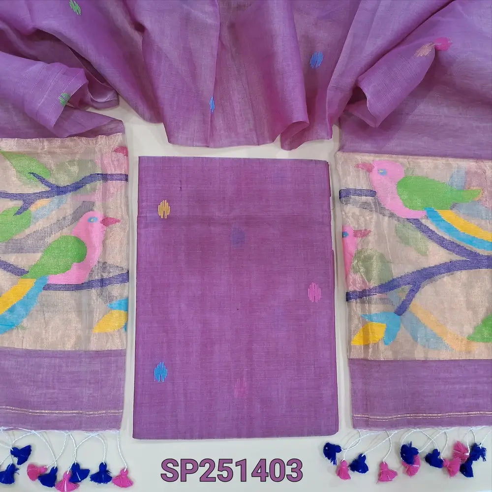 Light Purple muslin jamdani unstitched salwar material, hand woven design all over(thin, lining needed)NO BOTTOM,hand woven muslin jamdani full length dupatta with rich paithani weaving pallu& hand made tassels. SP251403