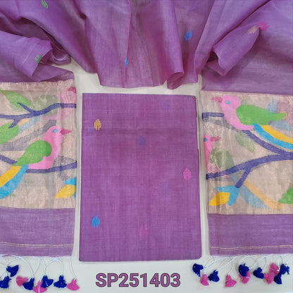 Light Purple muslin jamdani unstitched salwar material, hand woven design all over(thin, lining needed)NO BOTTOM,hand woven muslin jamdani full length dupatta with rich paithani weaving pallu& hand made tassels. SP251403