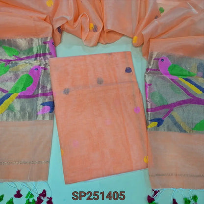 Pastel Peach muslin jamdani unstitched salwar material, hand woven design all over(thin, lining needed)NO BOTTOM,hand woven muslin jamdani full length dupatta with rich paithani weaving pallu& hand made tassels. SP251405