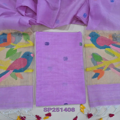 Light Purplish Pink muslin jamdani unstitched salwar material, hand woven design all over(thin, lining needed)NO BOTTOM,hand woven muslin jamdani full length dupatta with rich paithani weaving pallu& hand made tassels. SP251408