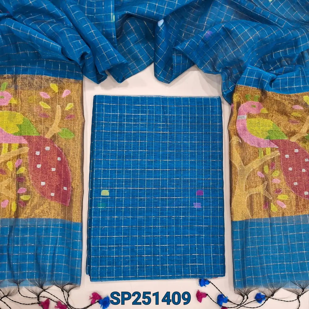 Turquoise Green designer muslin jamdani unstitched salwar material, hand woven design& zari checks all over(thin, lining needed)NO BOTTOM, muslin jamdani full length dupatta with zari checks& rich paithani weaning pallu. SP251409