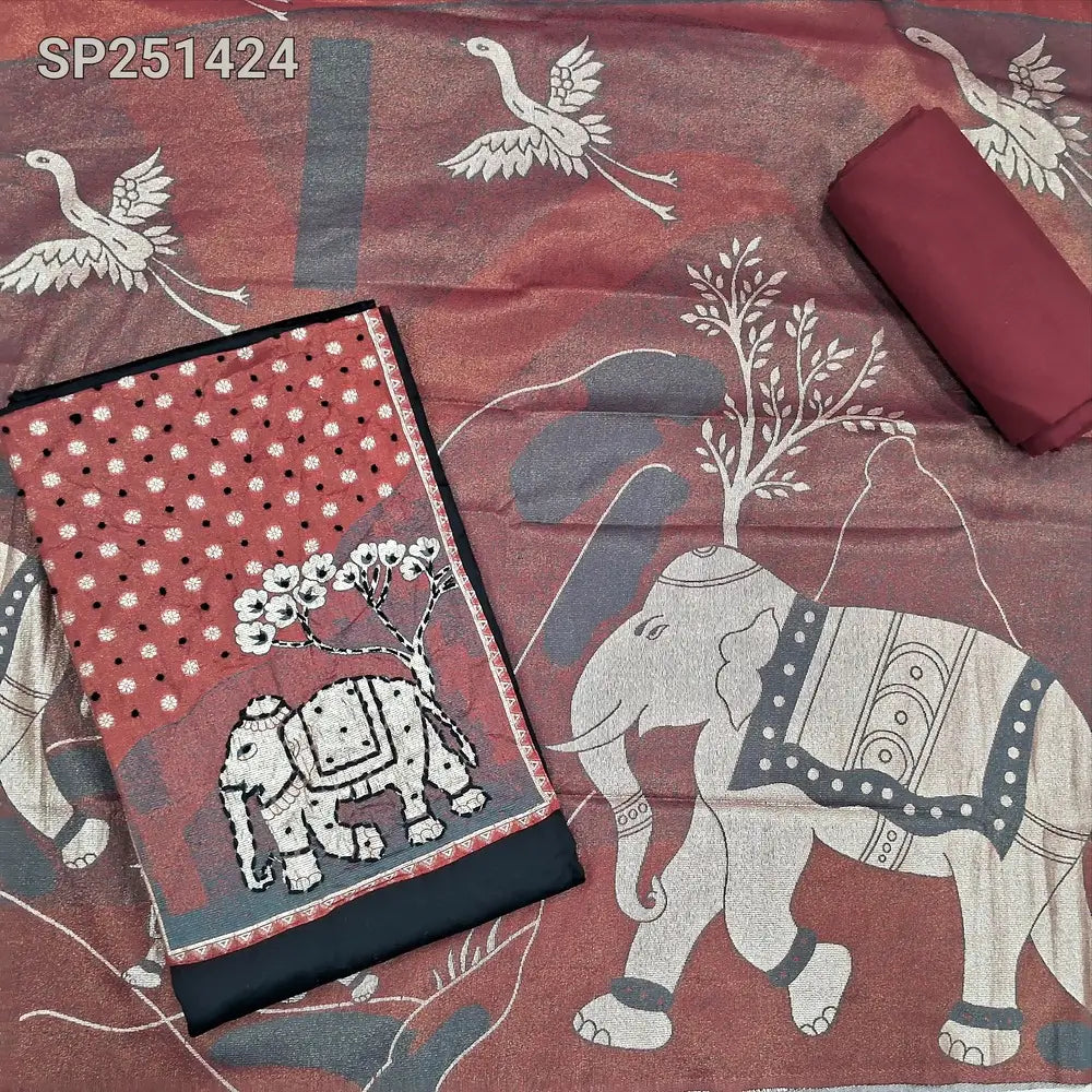 Black satin cotton unstitched salwar material, Elephant weaving yoke with thread work(lining optional)maroon cotton bottom, soft tissue silk dupatta with zari &thread woven design. SP251423